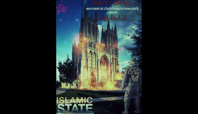 The Islamic State terror group has increasingly made threats against the U.S. and Europe over the past month. A propaganda ad states, "Wait for us. We meet at Christmas in New York... soon," and shows the Washington National Cathedral in Washington, D.C., on fire.