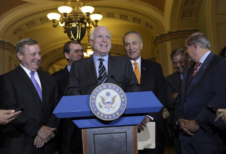 Sen. John McCain is joined by, from left, Sen. Dick Durbin, D-Ill., Sen. Michael Bennet, D-Colo., Sen. Charles Schumer, D-N.Y., Sen. Lindsey Graham, R-S.C., and Sen. Robert Menendez, D-N.J. The House Republican Conference will conduct a closed-door, hour-long meeting on immigration Wednesday. (Susan Walsh/AP)