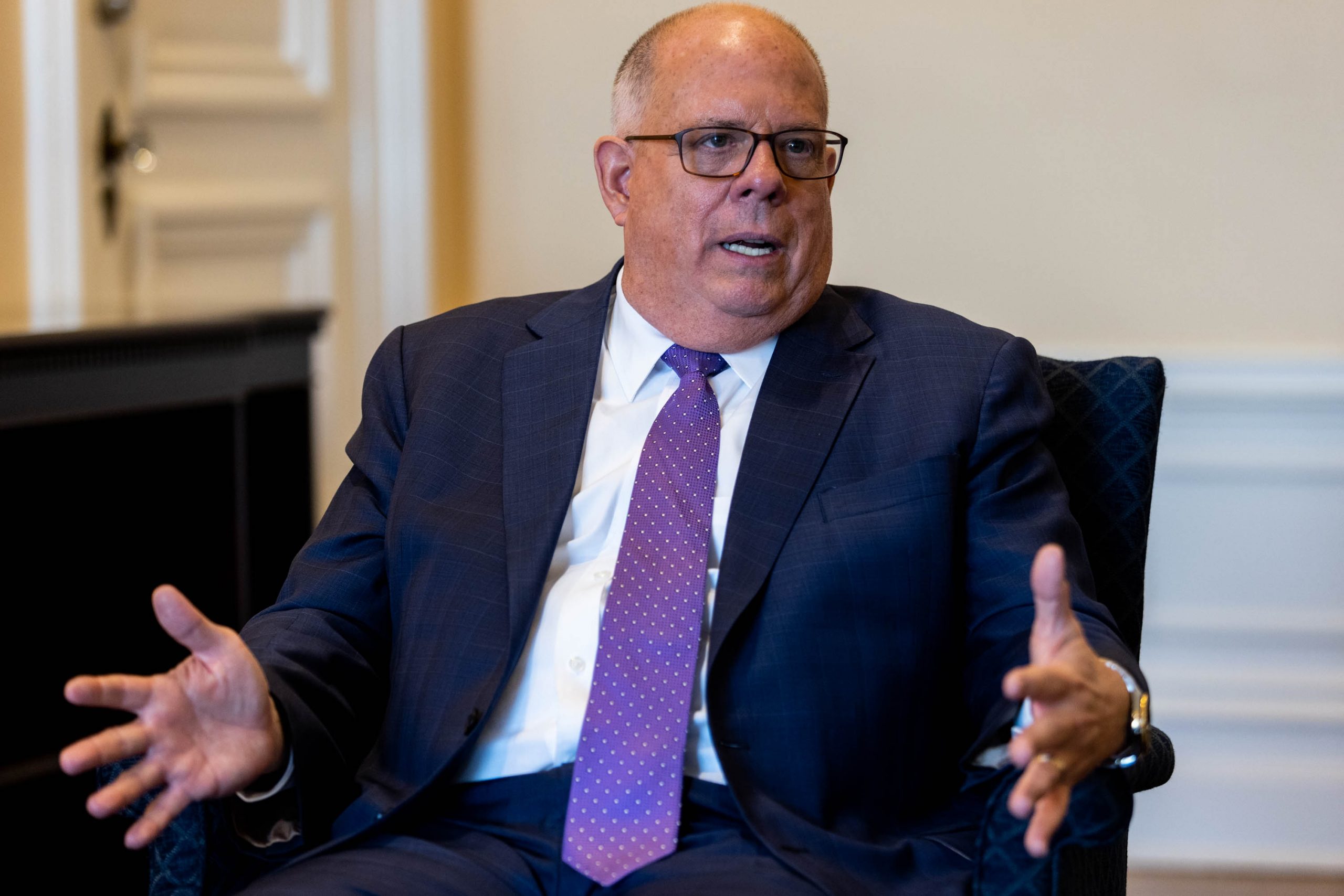 Outgoing Governor of Maryland Larry Hogan speaks during an interview with the Washington Examiner, at the State House in Annapolis, in Maryland, Monday, Jan. 9, 2023. Hogan wants to run for president in 2024.
