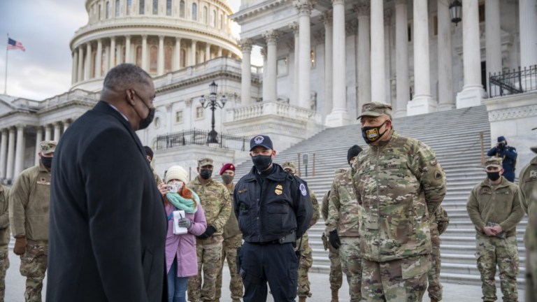 U.S. Secretary of Defense Lloyd J. Austin III meets with U.S. Army Maj. Gen. William J. Walker, commanding general, District of Columbia National Guard, and senior leaders at the U.S. Capitol in Washington, D.C. Jan. 29, 2021. 