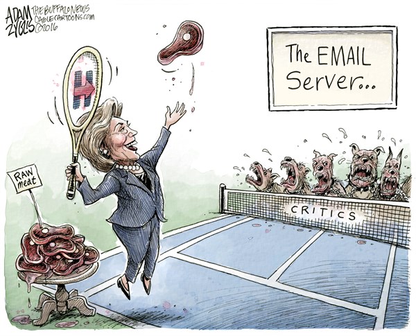 Editorial cartoon: (Email) serving up meat to the dogs