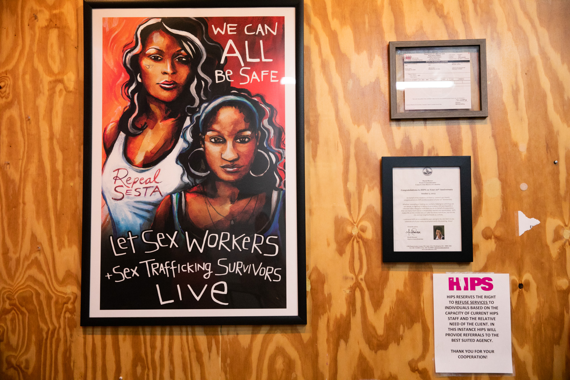 A poster in HIPS advocating against SESTA and in support of sex workers and sex trafficking survivors is shown.