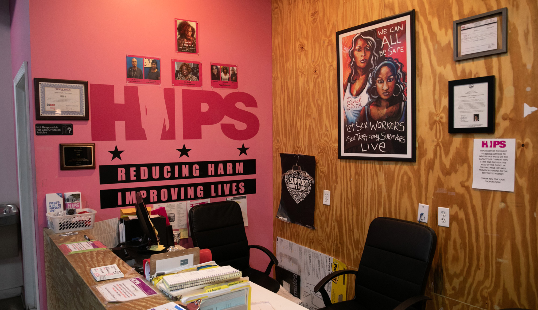 The front desk of HIPS, an anti-AIDS health and advocacy organization, is shown.