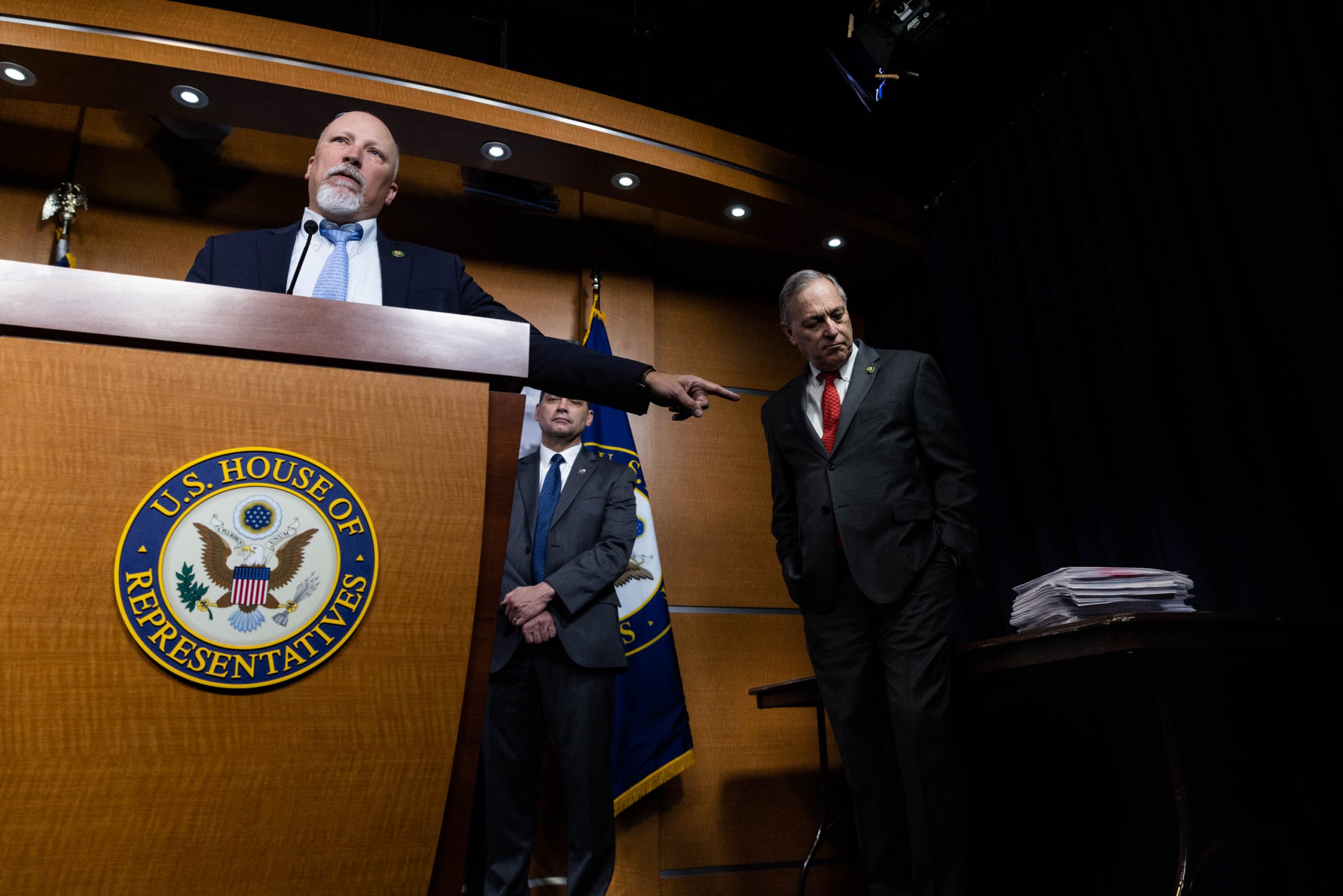 Rep. Chip Roy (R-TX) points to hundreds of bills introduced by House Republicans to cut spending, during a press conference on the debt limit, on Capitol Hill, Tuesday, March 28, 2023.