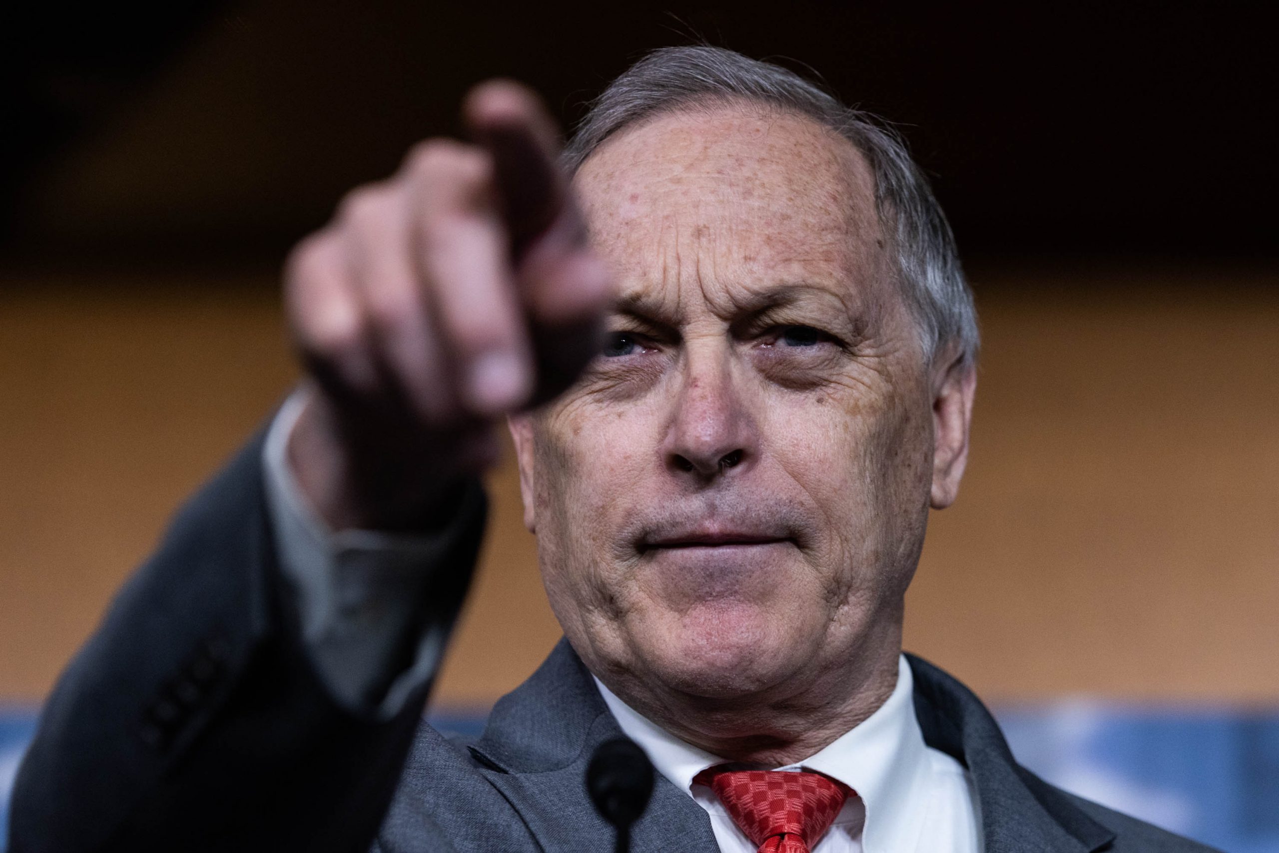 Rep. Andy Biggs (R-AZ) takes questions from the media during a press conference on House Republican spending cut proposals, including repealing much of President Joe Biden's Inflation Reduction Act, on Capitol Hill, Tuesday, March 28, 2023.