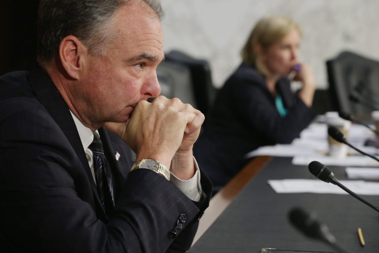 Senate Armed Services Committee member Tim Kaine attends a hearing about the Islamic State of Iraq and Syria in the Hart Senate Office Building on Capitol Hill Sept. 16, 2014 in Washington. (Photo by Chip Somodevilla/Getty images)