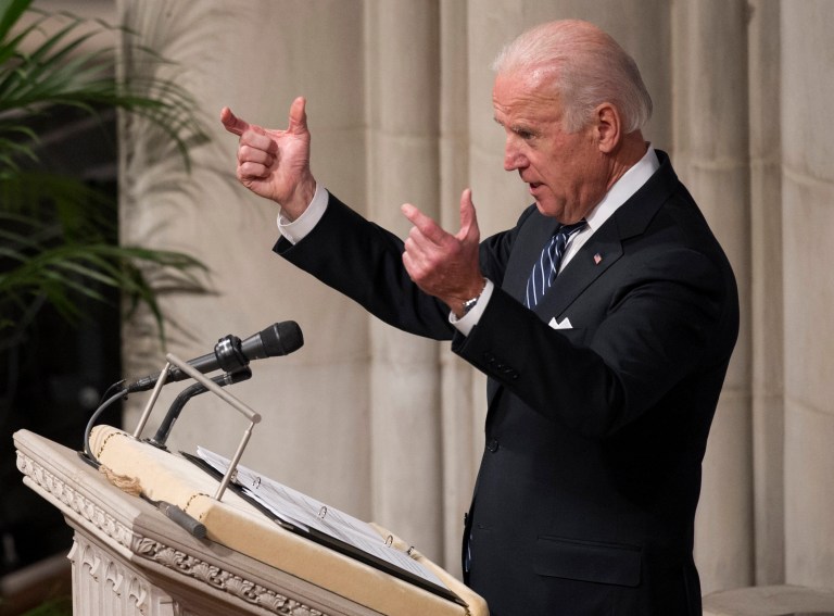 Vice President Joe Biden addresses a memorial service for former South African President Nelson Mandela, Wednesday, Dec. 11, 2013, at the National Cathedral in Washington. Biden and the presiding bishop of the Episcopal Church, the Rev. Katharine Jefferts Schori, led a national service for Mandela, held in conjunction with the South African Embassy, and features a host of dignitaries, elected officials, and civil rights leaders. (AP Photo/Cliff Owen)