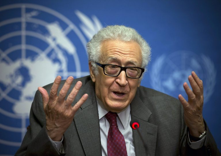 FILE - In this Jan. 27, 2014 file photo, U.N. mediator Lakhdar Brahimi listens during a press briefing at the United Nations headquarters in Geneva, Switzerland. Brahimi will resign as the joint U.N.-Arab League envoy on Syria after a nearly two-year effort that failed to bring peace to the war-ravaged country, the U.N. chief announced Tuesday, May 13, 2014. He will step down May 31. (AP Photo/Anja Niedringhaus, File)