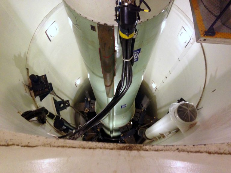 FILE - This Jan. 9, 2014, file photo shows a mockup of a Minuteman 3 nuclear missile used for training by missile maintenance crews at F. E. Warren Air Force Base, Wyo. At the time when dozens of nuclear missile officers were believed to be cheating on their exams, test scores were among the lowest of the year, according to Air Force records obtained by The Associated Press. No explanation is obvious, and the Air Force is not saying why test results were not better if, as alleged, at least 40 officers were cheating.    (AP Photo/Robert Burns, File)