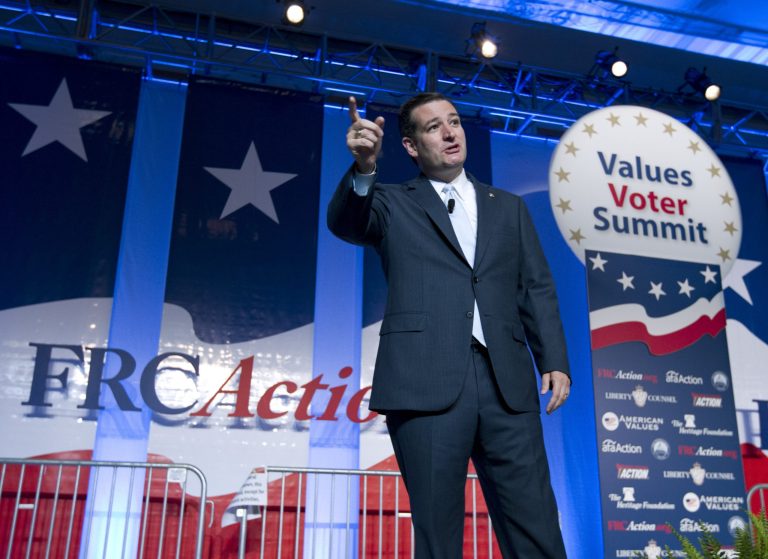 Sen. Ted Cruz, R-Texas, speak during the Values Voter Summit, held by the Family Research Council Action in Washington. (AP Photo/Jose Luis Magana)