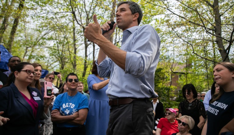 Democratic 2020 presidential candidate Beto O'Rourke speaks at a meet and greet at Tammy Derenak Kaufax's house in Alexandria, Virginia, Wednesday, April 17, 2019.