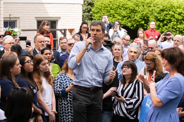 Democratic 2020 presidential candidate Beta O'Rourke speaks at a meet and greet at Tammy Derenak Kaufax's house in Alexandria, Virginia, Wednesday, April 17, 2019.