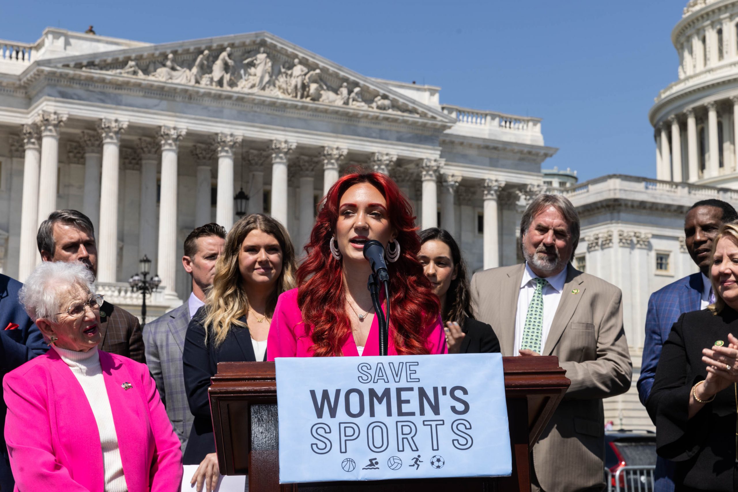 Competitive athlete Selina Soule speaks at a news conference following the vote to prohibit transgender women and girls from playing on sports teams that match their gender identity, at the Capitol in Washington, Thursday, April 20, 2023. The Republican-led House voted Thursday to bar schools and colleges that receive federal money from allowing transgender athletes whose biological sex assigned at birth was male from competing on girls' or women's sports teams or athletic events. 