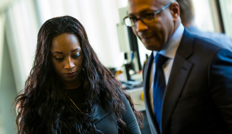 Diamond Reynolds, girlfriend of Philando Castile, enters the Ramsey County Courthouse in St. Paul, Minn., before the trial of police officer Jeronimo Yanez on Tuesday, June 6, 2017. Yanez is charged in the July 6 death of Castile, a 32-year-old elementary school cafeteria worker, in a St. Paul suburb. (Evan Frost /Minnesota Public Radio via AP)