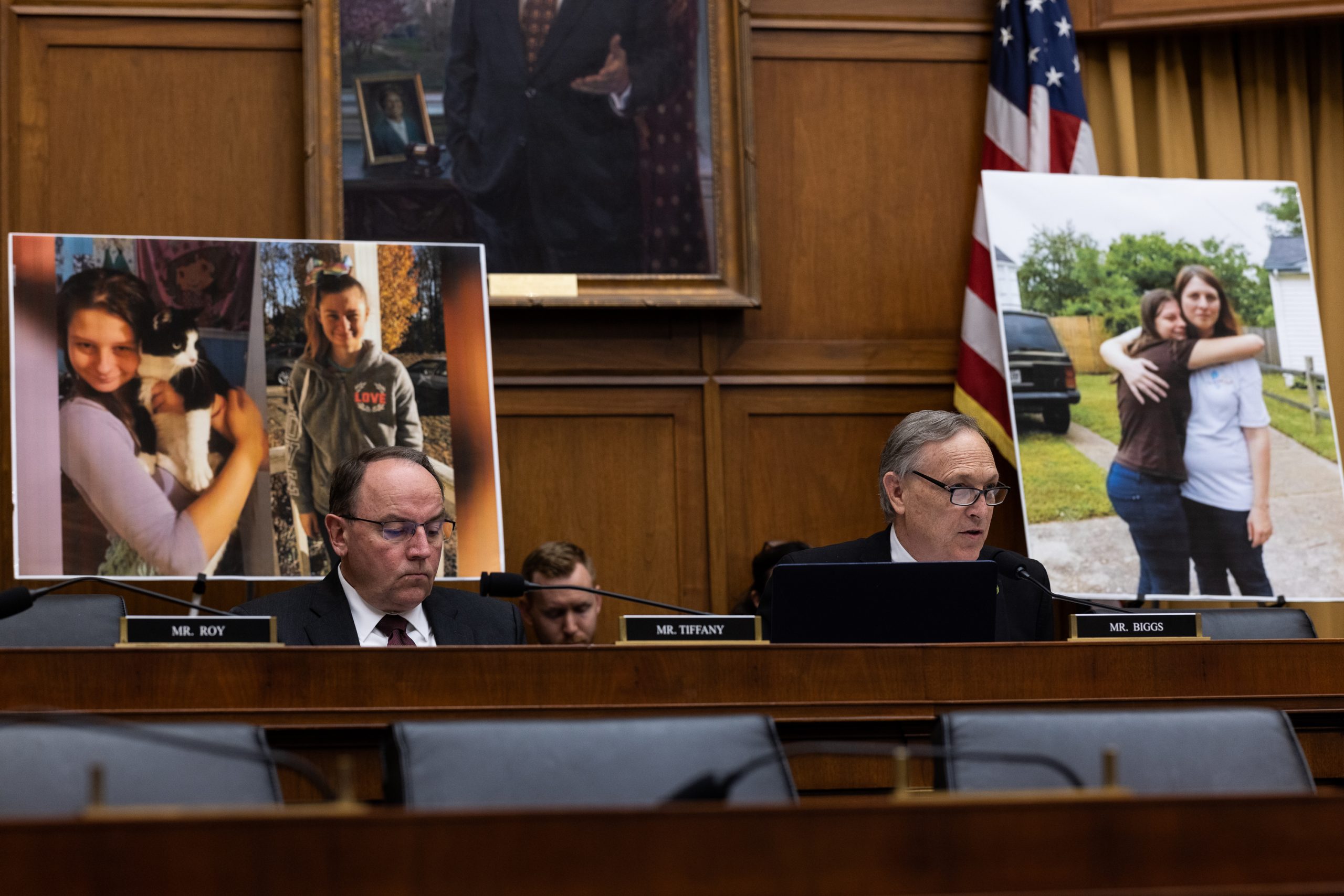 Photographs of Kayla Hamilton who was allegedly murdered by an unaccompanied alien MS-13 gang member were put on display behind Rep. Tom Tiffany (R-WI) and Rep. Andy Biggs (R-AZ) during a House Judiciary Subcommittee on Immigration on Capitol Hill on May 23, 2023, in Washington, DC. Hamilton's mother, Tammy Nobles, testified at the hearing.