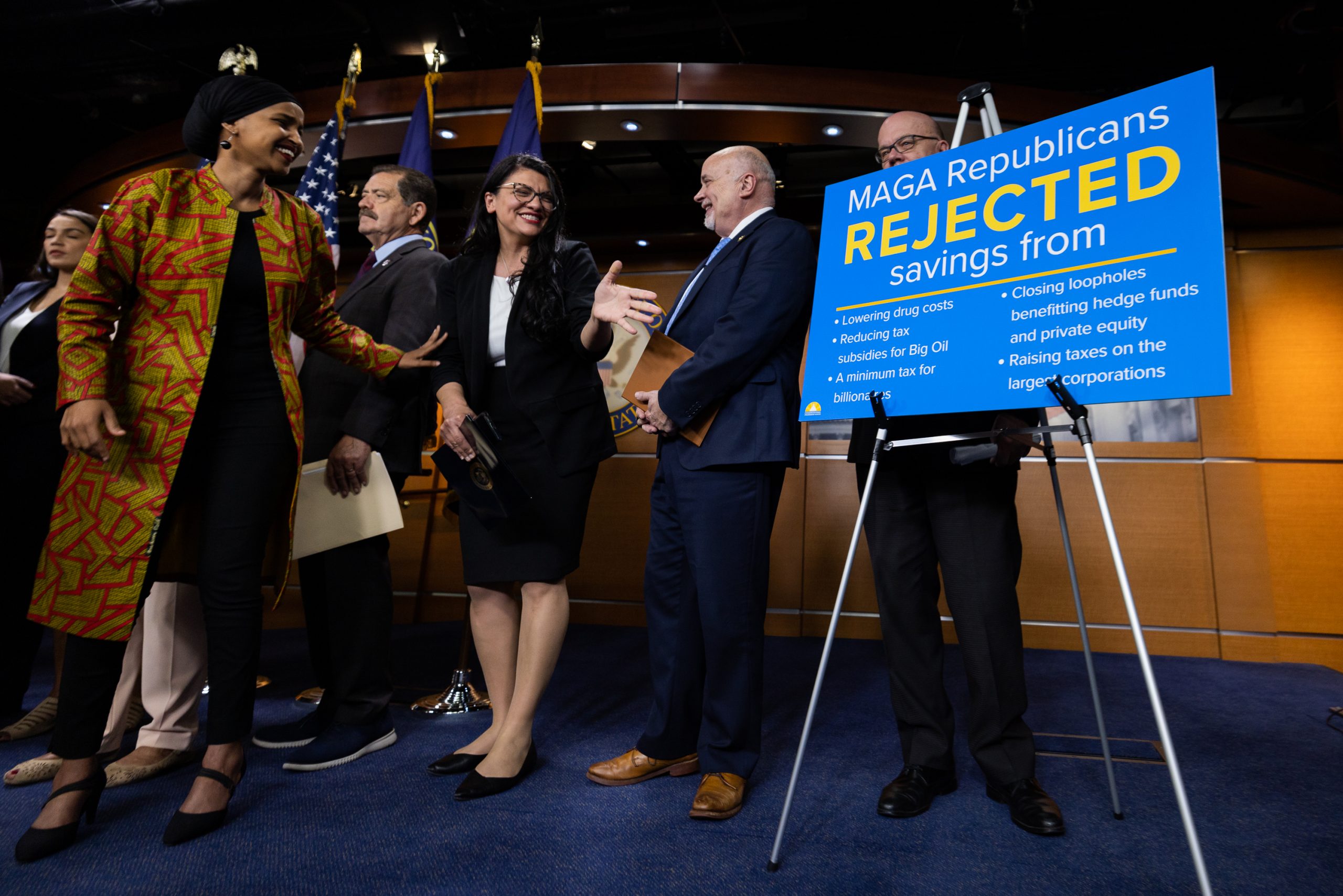 Lawmakers from Congressional Progressive Caucus (CPC), including Reps. Ilhan Omar (D-MN) and Rashida Tlaib (D-MI), arrive at a press conference to discuss the debt ceiling negotiations, on Capitol Hill, on May 24, 2023. 