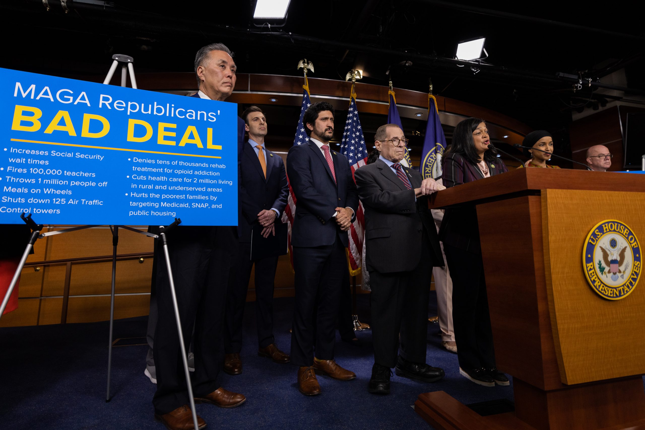 Members of the Congressional Progressive Caucus (CPC) arrive at a press conference to discuss the debt ceiling negotiations, on Capitol Hill, on May 24, 2023. 