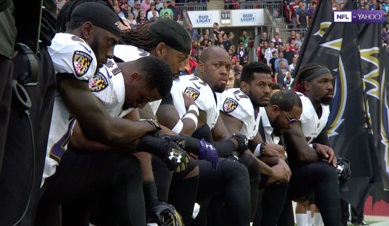 The opening of the NFL Sunday slate of games took place Sunday morning in London, and many players from both the Baltimore Ravens and the Jacksonville Jaguars took a knee during the playing of 