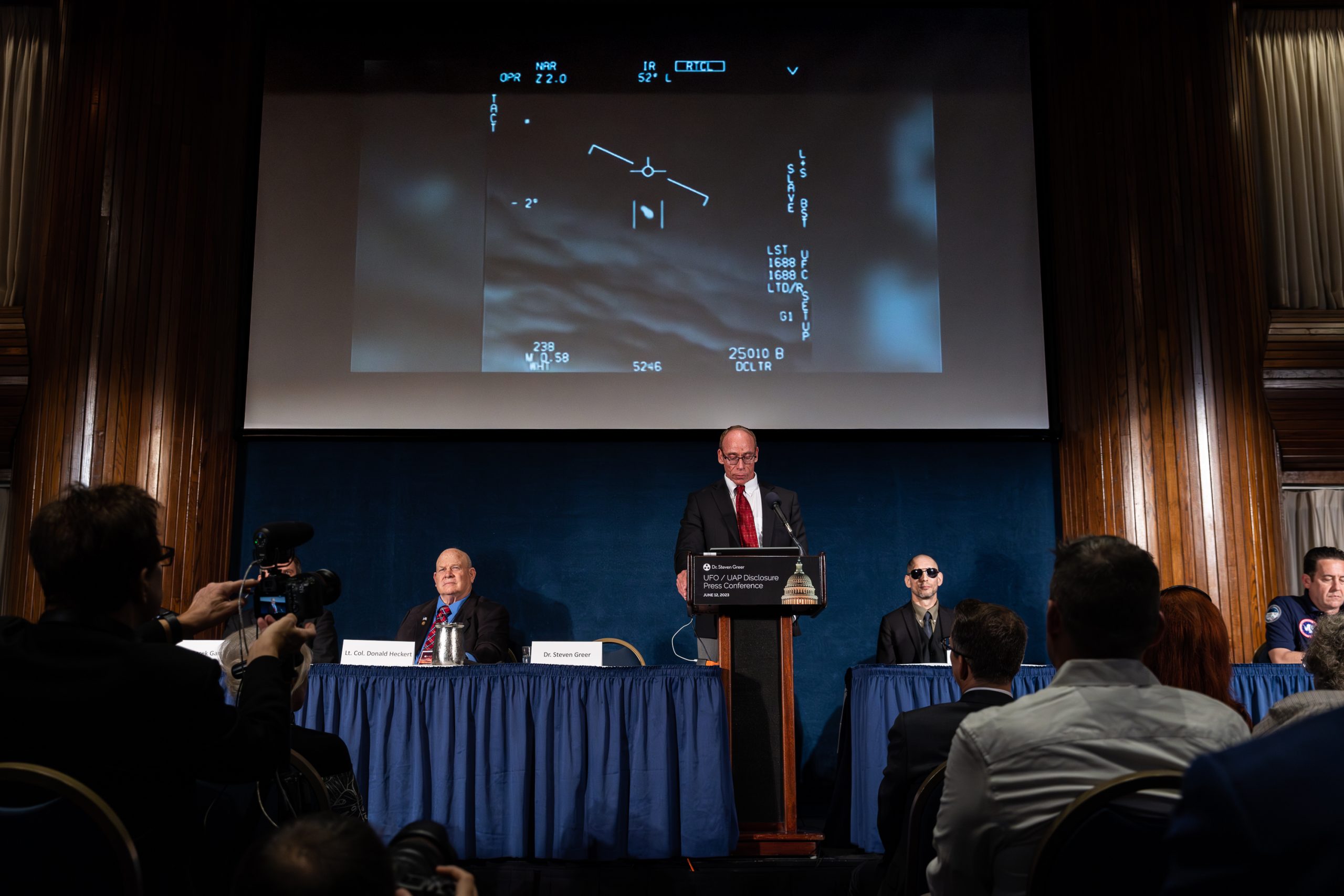 Dr. Steven Greer, founder of the Disclosure Project, speaks at a news conference on UFOs, Unidentified Anomalous Phenomena, and subject of extraterrestrial intelligence and covert projects, in Washington DC, on June 12, 2023. The House Oversight Committee is planning to hold a hearing on UAPs, in the wake of unconfirmed claims from a former intelligence official that the U.S. has allegedly found crashed alien spacecraft. 