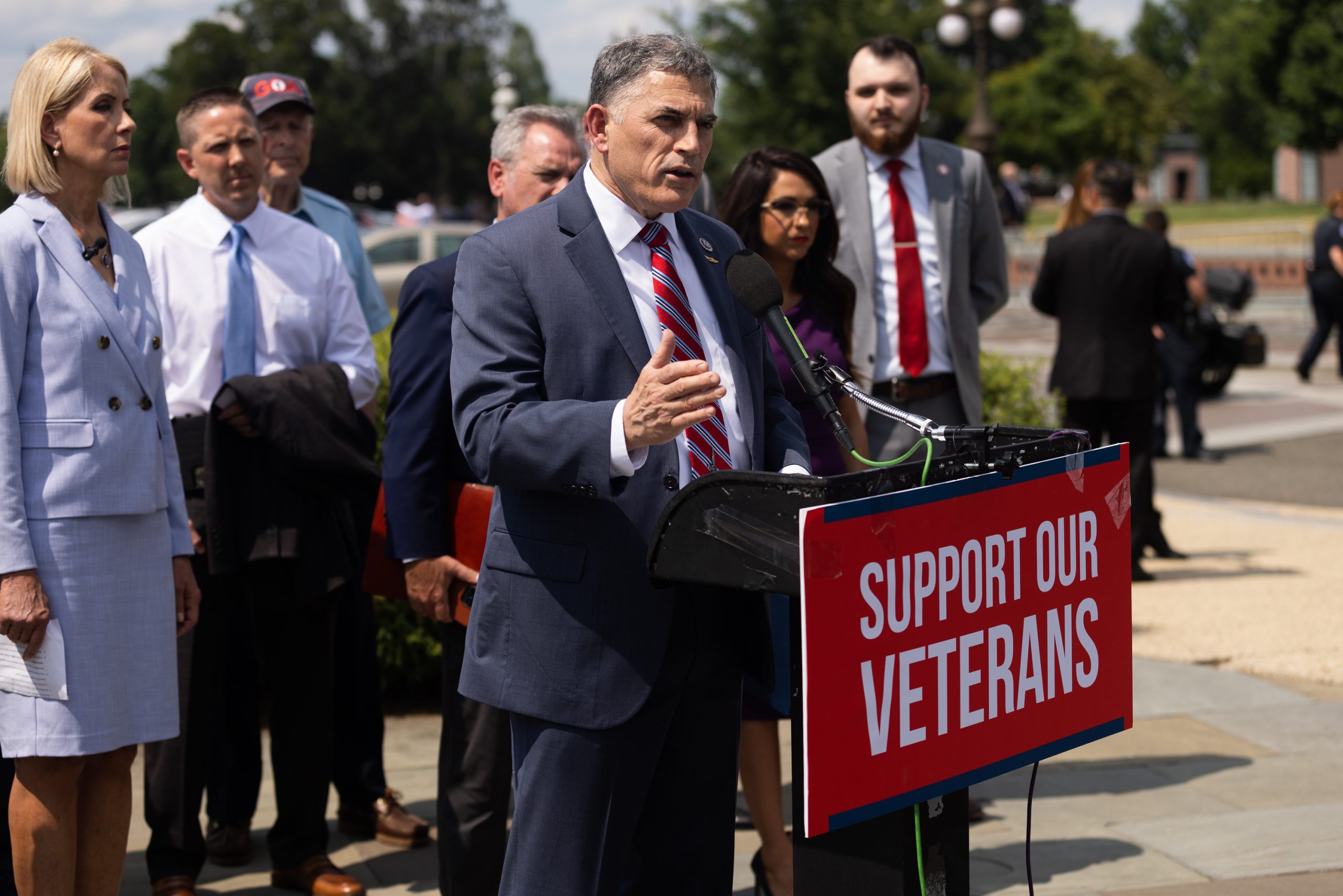 Rep. Andrew Clyde (R-GA) accompanied by House Republicans, speaks during a news conference on the resolution rule that regulates stabilizing braces for pistols, Tuesday, June 16, 2023. The measure calls for blocking the Biden administration's rule that would reclassify pistols with stabilizing braces as short-barreled rifles.
