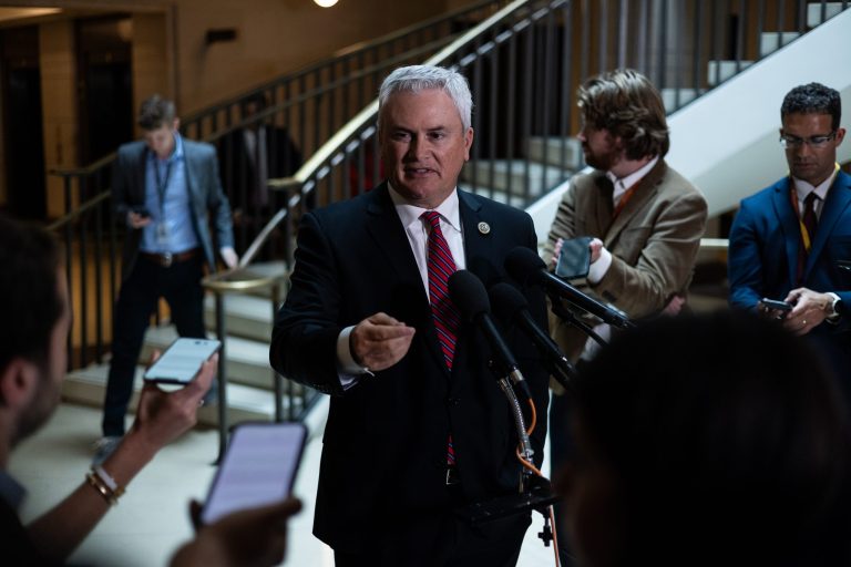 Rep. James Comer Jr., R-Ky., speaks to reporters about Hunter Biden Tuesday, June 20, 2023, on Capitol Hill in Washington. President Joe Biden's son Hunter will plead guilty to federal tax offenses and avoid a full prosecution on a separate gun charge in a deal with the Justice Department that likely spares him time behind bars.