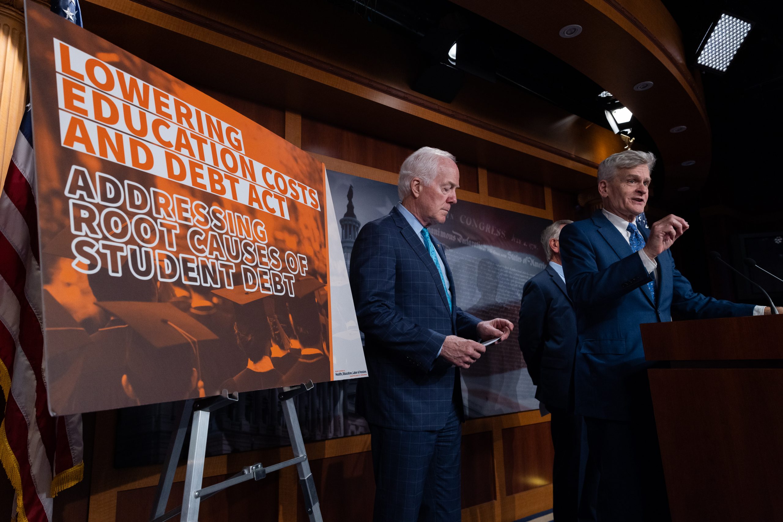 Sen. Bill Cassidy (R-LA) joined by Sen. John Cornyn (R-TX), speaks at a press conference on student loans at the U.S. Capitol on June 14, 2023. The senators spoke on legislation intended to help cut college costs and debt.