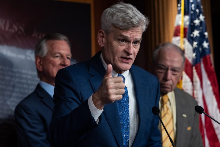 Sen. Bill Cassidy (R-LA) speaks at a June 14, 2023 press conference announcing the introduction of bills aimed at reducing college costs with Sens. Tommy Tuberville (R-AL), and Chuck Grassley (R-IA).