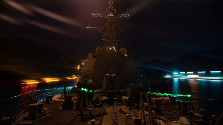 The Arleigh Burke-class guided-missile destroyer USS Pinckney transits the Panama Canal Aug. 7, 2020. Pinckney is deployed to the U.S. Southern Command area of responsibility to support Joint Interagency Task Force Southâs mission, which includes counter illicit drug trafficking in the Caribbean and Eastern Pacific. 