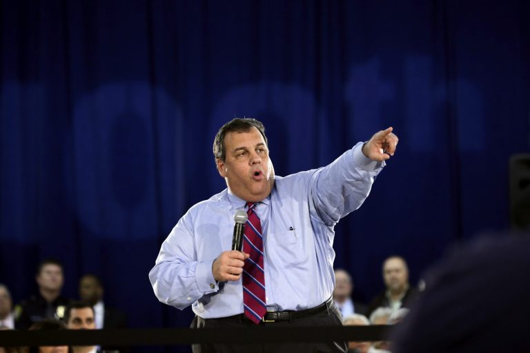 New Jersey Gov. Chris Christie answers speaks to an overflow crowd at his 100th town hall at Saint Mary's of The Pines Church Parish in Manahawkin, N.J. (AP/Mel Evans)