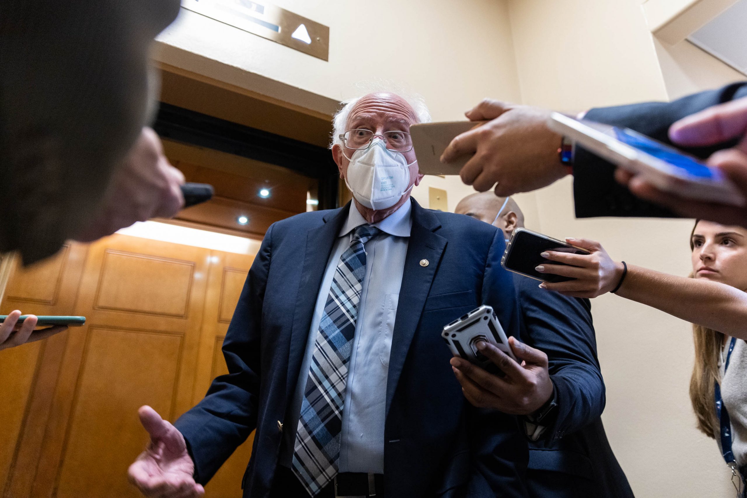 Sen. Bernie Sanders (I-VT) takes questions from reporters on Capitol Hill. On Wednesday, Sanders objected to an effort to get unanimous consent that would seek to avert a work stoppage in the freight rail industry.