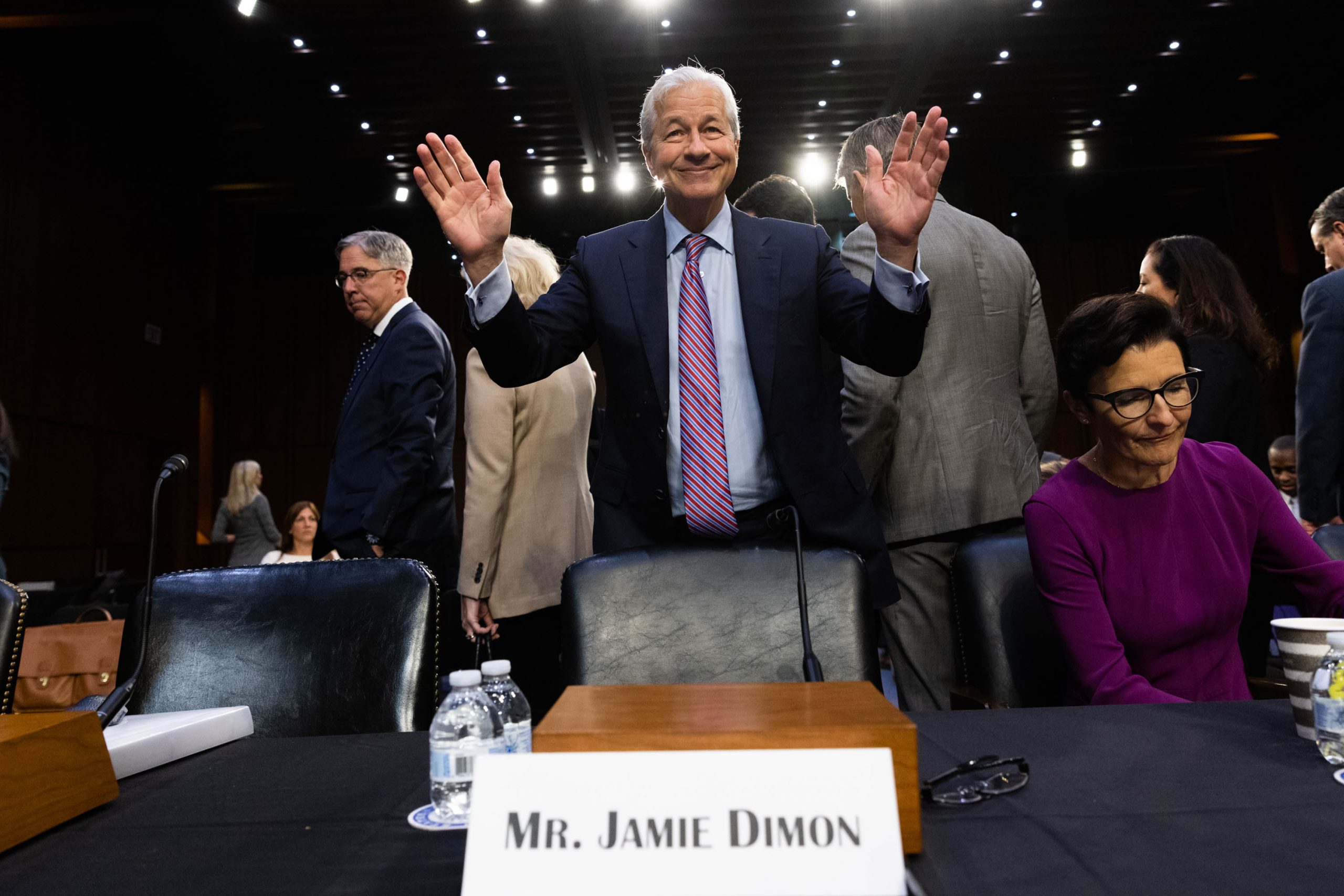 Jamie Dimon, chairman and chief executive officer of JPMorgan Chase & Co., arrives at a Senate Banking, Housing, and Urban Affairs Committee hearing in Washington, D.C., Thursday, Sept. 22, 2022.