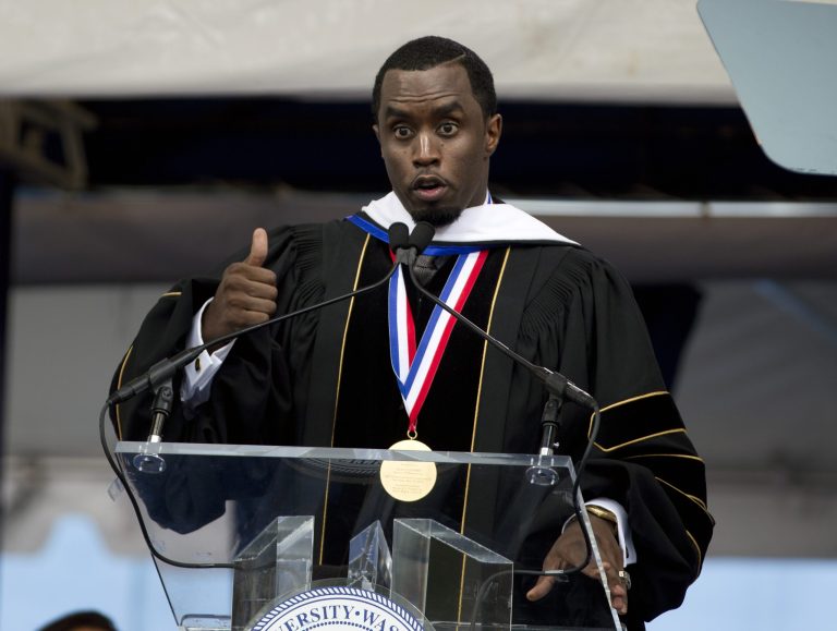 Entertainer and entrepreneur Sean Combs delivers Howard University's commencement speech during the 2014 Howard University graduation ceremony in Washington, on Saturday, May 10, 2014. Combs attended Howard in the late 1980s but did not graduate. He'll be among five people who receive honorary degrees as trailblazers in their fields.  (AP Photo/Jose Luis Magana)