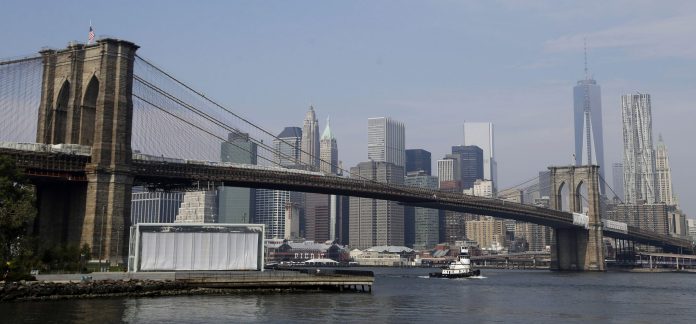 The Brooklyn Bridge stretches in front of the Manhattan skyline in New York, Thursday, Sept. 12, 2013. The federal government says more than 2,000 New York state bridges are structurally deficient and badly need repairs. That list includes the Brooklyn Bridge, the Tappan Zee Bridge and the Kosciuszko Bridge.