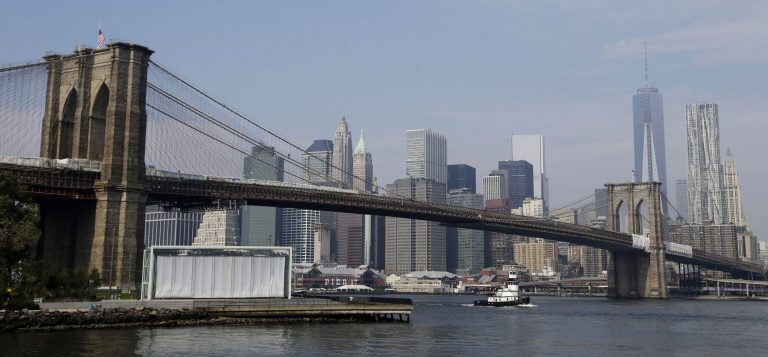 The Brooklyn Bridge stretches in front of the Manhattan skyline in New York, Thursday, Sept. 12, 2013. The federal government says more than 2,000 New York state bridges are structurally deficient and badly need repairs. That list includes the Brooklyn Bridge, the Tappan Zee Bridge and the Kosciuszko Bridge.