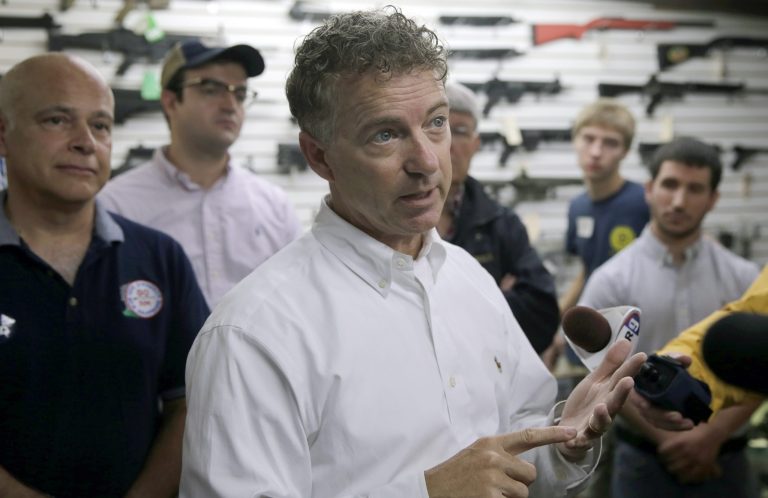 Republican presidential candidate, Sen. Rand Paul, R-Ky., speaks during a campaign stop at Riley's Sport Shop Tuesday, Aug. 11, 2015, in Hooksett, N.H. (AP Photo/Charles Krupa)