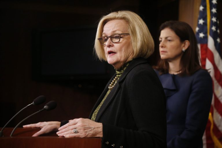 FILE - This March 6, 2014 file photo shows Sen. Claire McCaskill, D-Mo., left, and Sen. Kelly Ayotte, R-N.H. at a news conference on Capitol Hill in Washington. The Senate is heading toward a vote to change the military justice system to deal with sexual assault. The legislation would scrap the nearly century-old practice of an accused being able to use a 