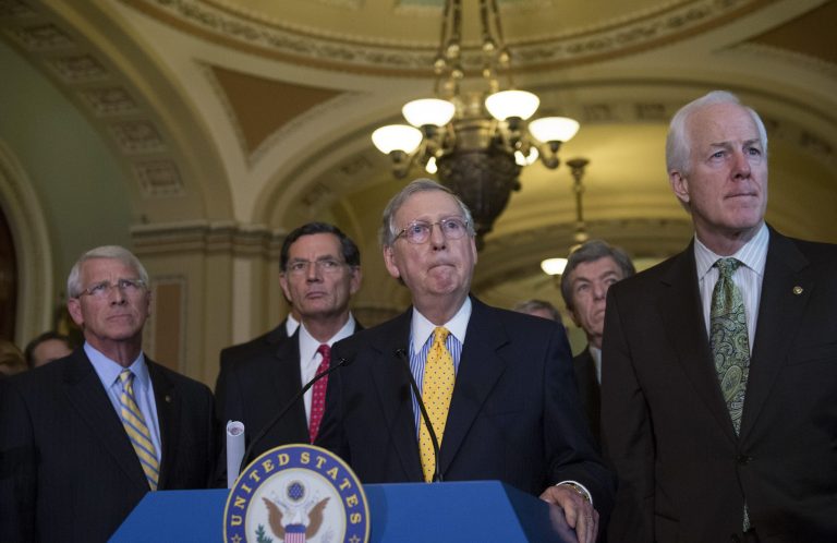 Senate Majority Leader Mitch McConnell, R-Ky., conducts a news conference after a policy luncheon on Capitol Hill in Washington, Tuesday, July 21, 2015. (AP Photo/Molly Riley)