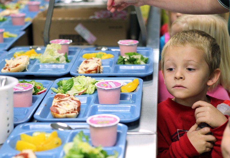   In this Tuesday, Nov. 1, 2011 file photo pre-K student Titus Bailey waitd in line for his lunch tray at West Hamlin Elementary School in West Hamlin, W. V. The nationâs school districts are turning up their noses at âpink slime,â the beef product that caused a public uproar earlier this year. The U.S. Department of Agriculture says the vast majority of states participating in its National School Lunch Program have opted to order ground beef that doesnât contain the product known as lean finely textured beef. (AP Photo/The Herald-Dispatch, Lori Wolfe)  