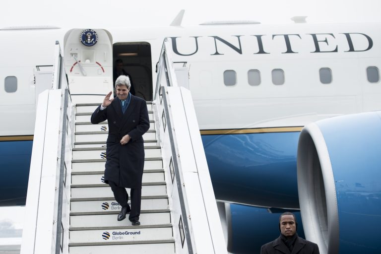 United States' Secretary Of State John Kerry arrives at the Tegel airport in Berlin, Germany, Friday, Jan. 31, 2014. Kerry will meet with Foreign Minister Frank-Walter Steinmeier and Chancellor Angela Merkel prior to his trip to Munich for the Security Conference.  (AP Photo/Brendan Smialowski, Pool)