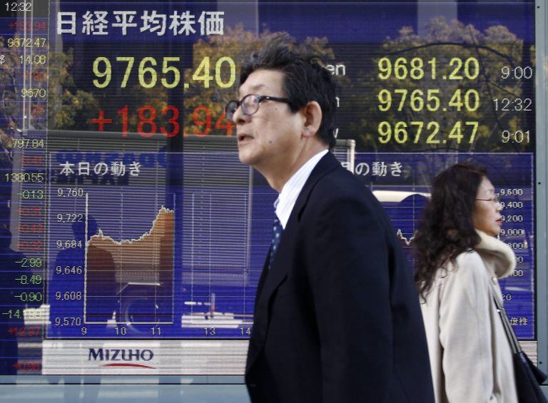   People walk by an electronic stock board of a securities firm in Tokyo, Thursday, Dec. 13, 2012. Asian stock markets rose Thursday with the help of Japan's Nikkei 225, which was propelled higher by a weakening yen. (AP Photo/Koji Sasahara)  