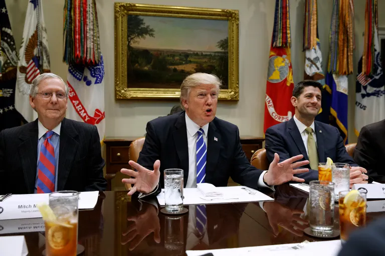 President Trump and House Speaker Paul Ryan blame the House Freedom Caucus for their lack of party loyalty. (AP Photo/Evan Vucci, File)