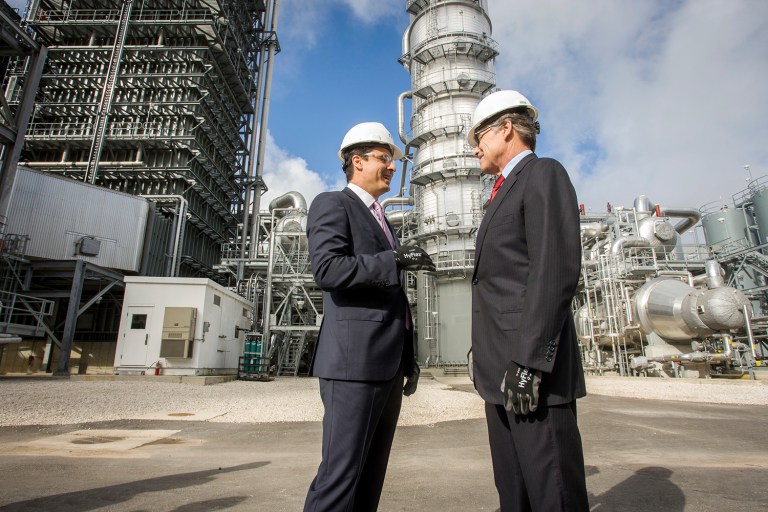 Secretary of Energy Rick Perry, right, joins NRG Energy CEO Mauricio Gutierrez on a tour of the Petra Nova carbon capture and enhanced oil recovery system on Thursday, April 13, 2017, in Fort Bend County, southwest of Houston. (Paul Ladd/AP Images for Reliant)