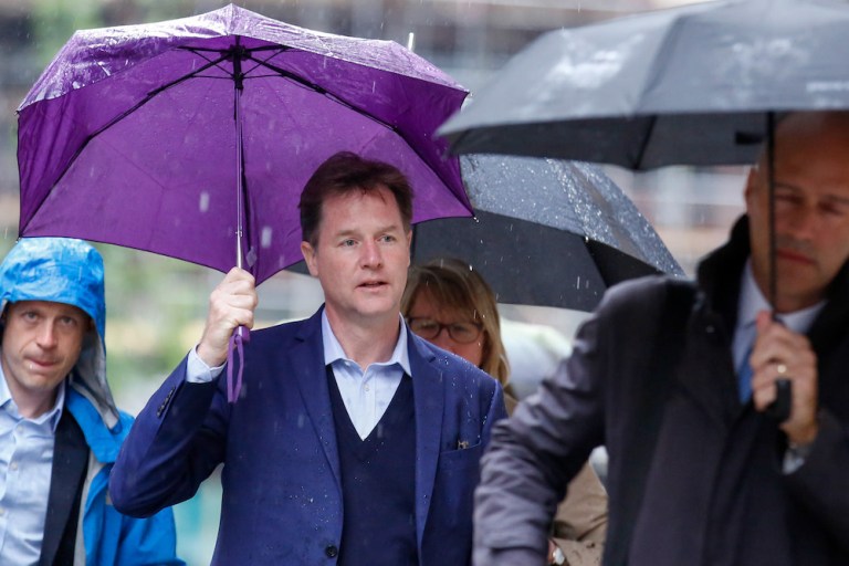 Nick Clegg, former leader of the Liberal Democrats party, carries an umbrella to shelter from the rain as he arrives to deliver a speech on Brexit as part of the party's general-election campaign in London, U.K., on Tuesday, June 6, 2017. In the closing stages of the election, assumptions have been turned on their head, from Theresa Mayâs initial commanding advantage in public opinion to the theory that theÂ LiberalÂ Democrats could sop up support among almost half of the population that had never wanted Brexit to come to pass. Unfortunately for theÂ LiberalÂ Democrats, it is stuck in the polls around the 10 percent mark, little more than the 8 percent they won in the 2015 election. 