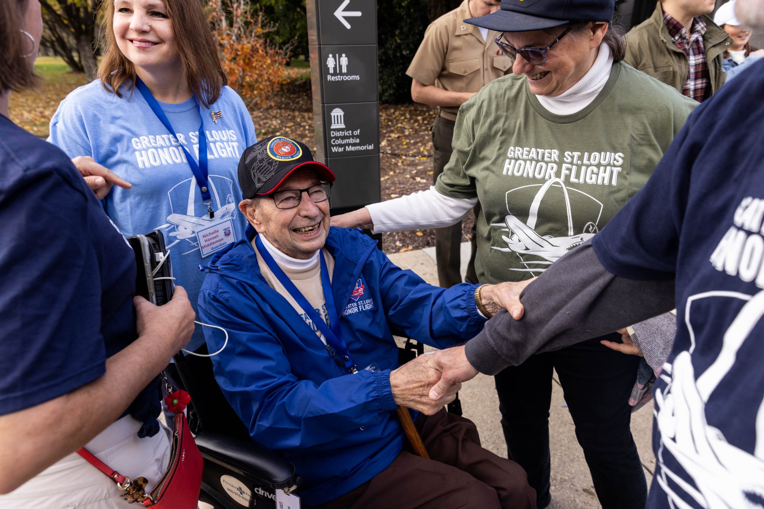 Jack Wilke, a WW2 Marine Corps veteran, visits the World War 2 Memorial in Washington D.C., Tuesday, November 1, 2022. Ken and Jack traveled to Washington as part of the The Honor Flight Network, which pays tribute to veterans of WWII, Korea, and Vietnam with a trip to the nationÕs capital to visit and reflect at the memorials.