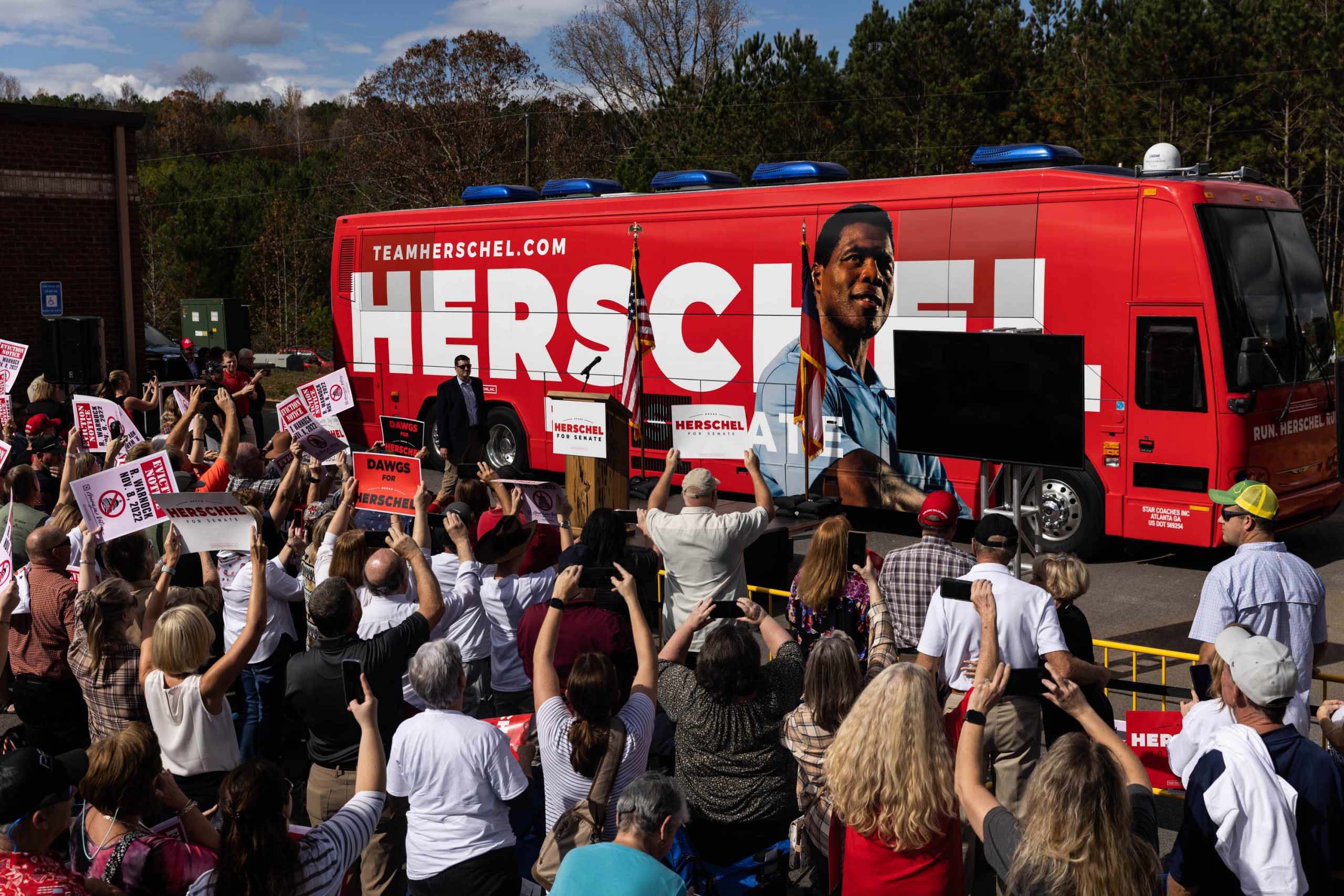 Supporters of Senate candidate Herschel Walker, at a campaign rally, in Hiram, Georgia, Sunday, November 6, 2022. Walker is challenging Sen. Raphael Warnock for his Senate seat.