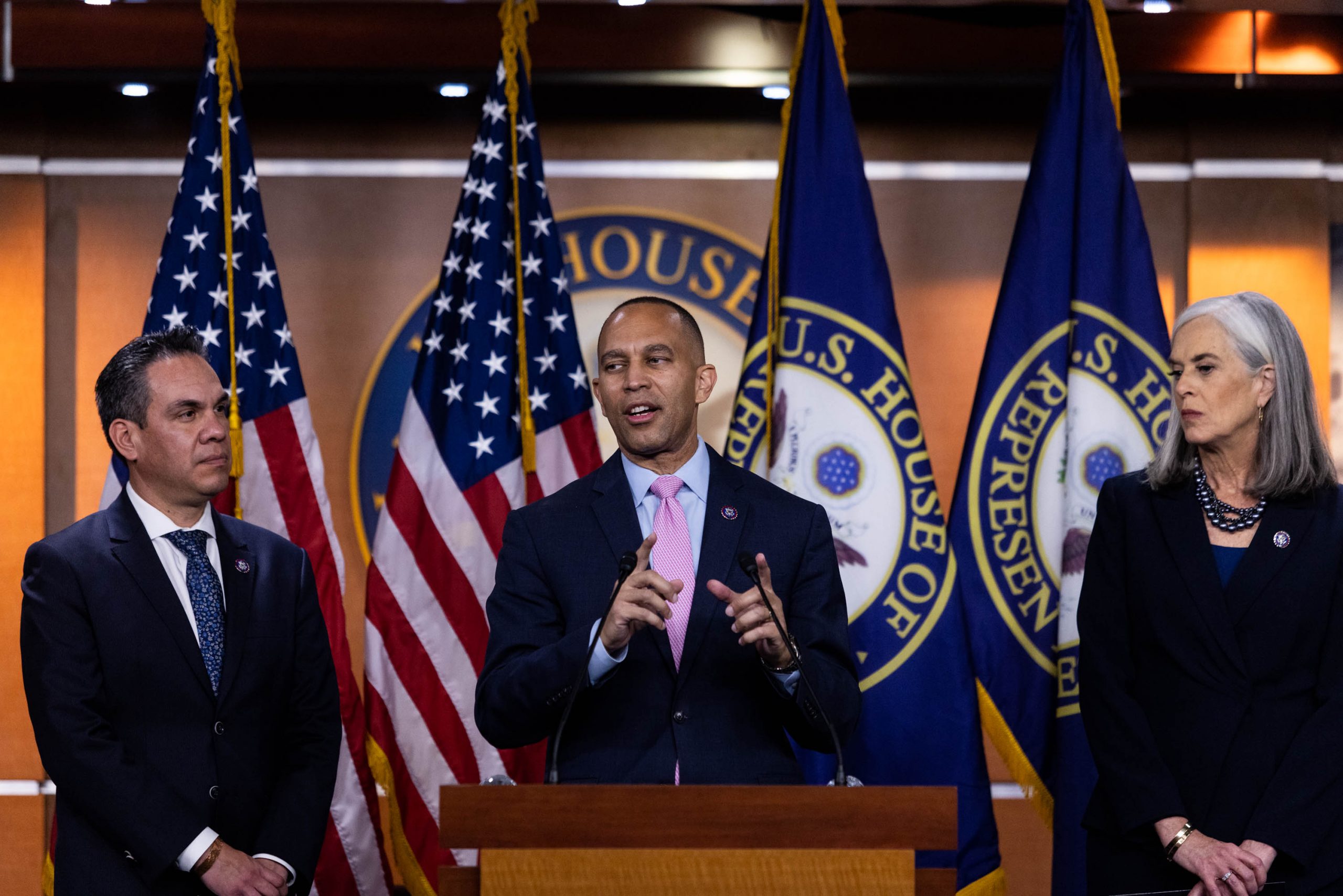 Rep. Hakeem Jeffries, D-NY, joined by Rep. Katherine Clark, D-MA left, and Rep. Pete Aguilar, D-CA, speaks to reporters after they were elected by House Democrats to form the new leadership when Speaker of the House Nancy Pelosi, D-CA, steps aside in the new Congress under the Republican majority, on Capitol Hill, Wednesday, Nov. 30, 2022. Clark will become the Democratic whip, and Aguilar takes over a chairman of the Democratic Caucus.