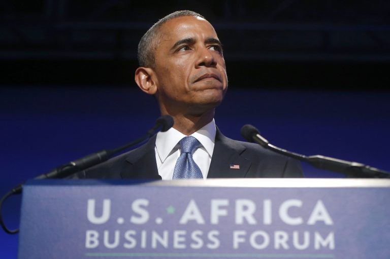 President Barack Obama pauses as he speaks at the US Africa Business Forum during the US Africa Leaders Summit, Tuesday, Aug. 5, 2014, at the Mandarin Oriental Hotel in Washington. African heads of state are gathering in Washington for an unprecedented summit to promote business development. (AP Photo/Charles Dharapak)