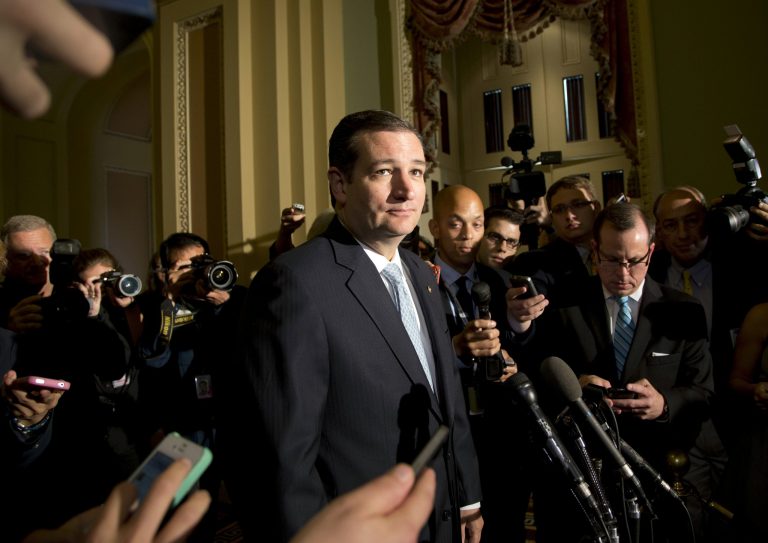 FILE - In this Oct. 16, 2013 file photo, Sen. Ted Cruz, R-Texas, speaks with reporters on Capitol Hill in Washington and said Republicans lost the government shutdown budget battle because some members of his own party in Congress turned on their colleagues. The bigger worry for many GOP party leaders is the growing rift between business-oriented Republicans and the GOP's more ideological wing. Each accuses the other of bungling the debt ceiling and government shutdown dramas, widely seen as a major Republican embarrassment. (AP Photo/Carolyn Kaster, File)