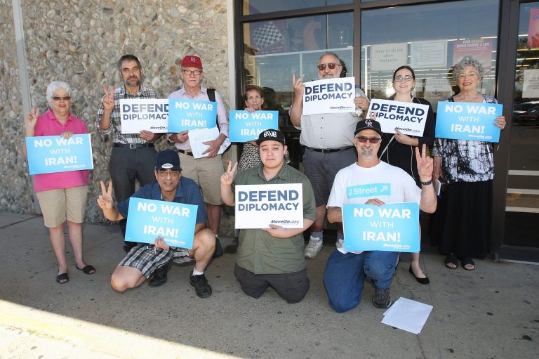 MoveOn.org launched a targeted campaign to deploy staff and grassroots activists to key states and districts to show up at town halls and demonstrate to their Democratic members of Congress that they support implementing the agreement.Â (Jason Bahr/Getty Images for MoveOn.org Civic Action)