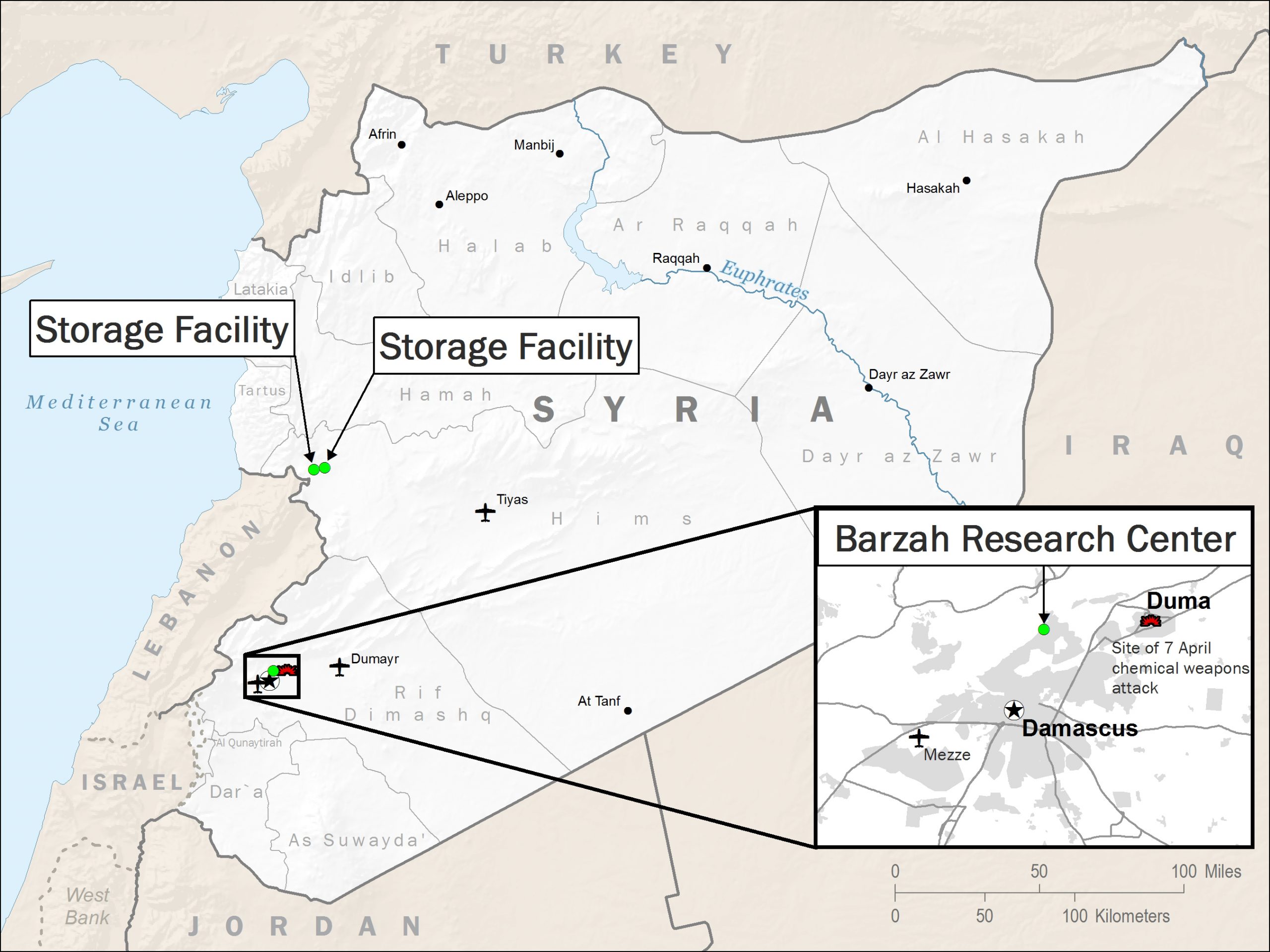 This map of Syria shows the targets of Friday's airstrike by U.S., British, and French forces.